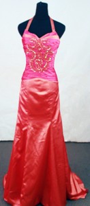 Popular Column Halter Top Brush Red Beading Prom Dress