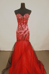 Sexy Mermaid Sweetheart-neck Floor-length Red Appliques With Black Prom Dress