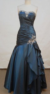 Beautiful Strapless Floor-length Taffeta Blue Prom Dress Appliques With Beading
