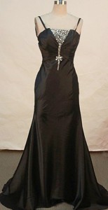 Perfect Column Straps Brush Prom Dress Taffeta Black Appliques With Beading
