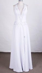 Elegant Column Halter Top Floor-length Chiffon White Prom Dress Beading