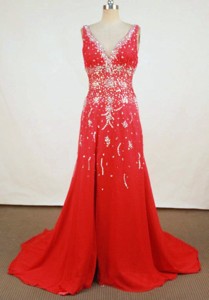 Beautiful V-neck Floor-length Red Beading Prom Dress