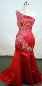 Gorgeous Mermaid One-shoulder Neck Floor-length Red Beading Prom Dress