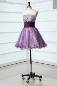 Lovely Sweetheart Purple Mini-length Beading Tulle Prom Dress