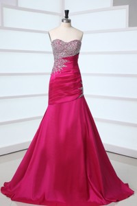 Hot Pink Sweetheart Beading And Rhinestone Sweep Train Prom Dress