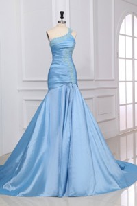 Light Blue Mermaid One Shoulder Prom Dress with Appliques