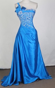 Affordable Empire One Shoulder Floor-length Sky Blue Prom Dress