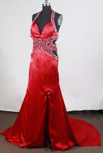 Sexy Empire Halter Top Brush Satin Wine Red Prom Dress