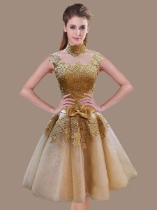 Elegant A Line High Neck Champagne Prom Dress with Appliques and Bowknot