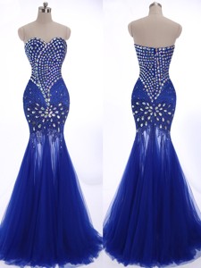 Elegant Mermaid Beading Brush Train Prom Dress in Royal Blue