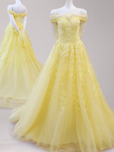 Gorgeous Off the Shoulder Cap Sleeves Yellow Prom Dress with Beading and Appliques