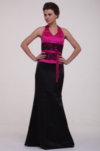Column Hot Pink and Black Lace Satin Halter Top Prom Dress