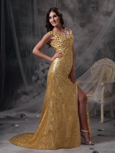 Low Price Gold Empire V-neck Evening Dress Sequin Beading and Ruch Floor-length