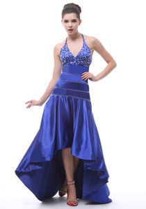 Halter Beaded High-low For Royal Blue Prom Dress
