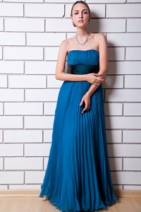 Blue Empire Strapless Floor-length Organza Pleat Prom Dress
