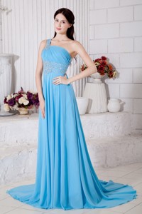 Aqua Blue Empire One Shoulder Prom Dress Chiffon Beading Brush Train