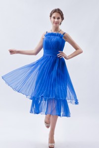 Blue Empire Straps Prom Dress Organza Ruch Tea-length