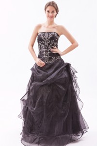Black Princess Strapless Floor-length Organza Beading Prom Dress
