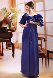 Off Shoulder Half Sleeves Blue Chiffon Empire Beaded Formal Evening Prom Gowns Custom Made In Gretna