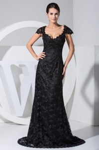 Black Lace Flowers Cap Sleeves Scoop Prom Dress With Sweep Train
