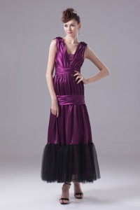 Ruching And Bowknot Decorated Ankle-length Purple Prom Dress