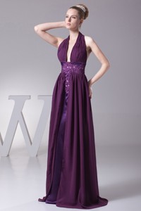 Halter Plunging Neckline Cool Back Prom Dress with Beaded and Appliqued Sash