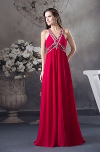 Red V-neck Empire Long Criss Cross Beading Prom Dress
