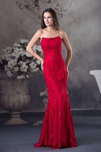 Cheap Appliques Mermaid Strapless Long Red Prom Dress