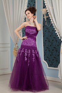 Cheap Elegant Purple Prom Dress Column Strapless Embroidery Floor-length Tulle
