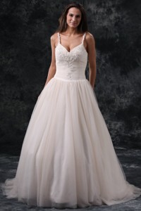 Fashionable Straps Appliques Tulle Wedding Dress In Champagne
