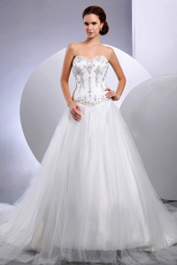 Embroidery Wedding Dress With Sweetheart Cathedral Train For Custom Made