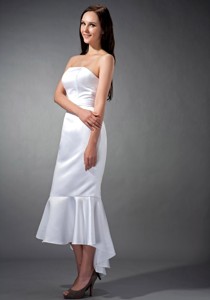 White Mermaid Straoless Tea-length Satin Ruch Bridesmaid Dress 