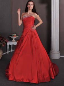 Popular Red Wedding Dress One Shoulder Court Train Taffeta Appliques