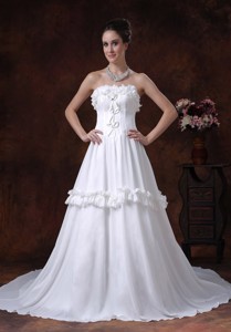 Chiffon Strapless Chapel Train Romantic Wedding Dress Ruffles