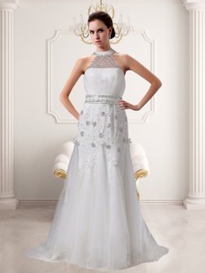 Lace Beading Brush Train Empire Wedding Dress with High Neck 