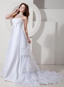 Beautiful Princess Strapless Court Train Satin And Organza Embroidery Wedding Dress