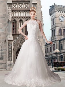 Elegant A Line Halter Chapel Train Beading Wedding Dress With Lace