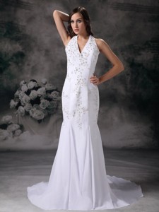 Elegant Mermaid Halter Court Train Chiffon Embroidery with Beading Wedding Dress 