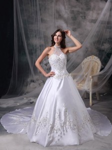 White Halter Chapel Train Satin Embroidery And Beading Wedding Dress