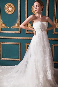 Beautiful Strapless Cathedral Train Tulle Beading Wedding Dress