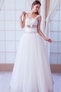 Brand New Straps Floor-length Tulle Beading And Belt Wedding Dress