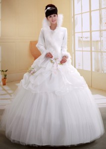 Bad Neustadt Germany Ball Gown High-neck Neckline Long Sleeves Wedding Dress With Imitated Feather F