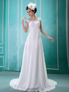 Beaded And Sequins Decorate Shoulder Square Chiffon Short Sleeves Wedding Dress 