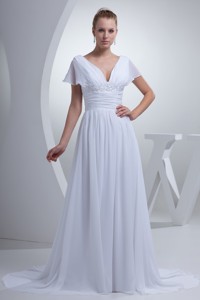 V-neck Short Sleeves Brush Train Bridal Dress with Ruche Beading and Appliques 