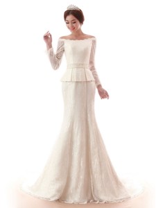 The Super Hot Court Train Lace White Wedding Dress With Beading