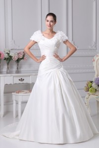 Ruching V-neck Court Train Wedding Dress With Short Sleeves