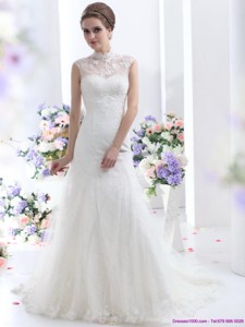 Cute White Laced Wedding Dress With Brush Train