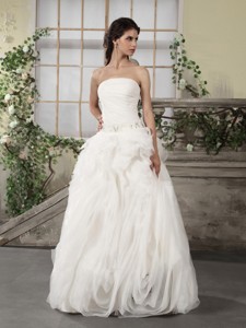 Unique Ruffled Strapless White Wedding Dress With Brush Train