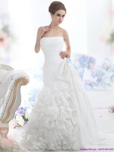 Pretty White Strapless Bridal Gowns with Ruffled Layers and Brush Train 