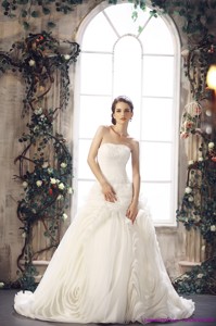White Strapless Wedding Dress With Chapel Train And Beading